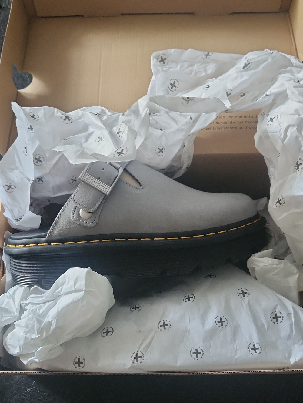 Dr. Martens Grey Leather Mule with Yellow Stitching Zebzag